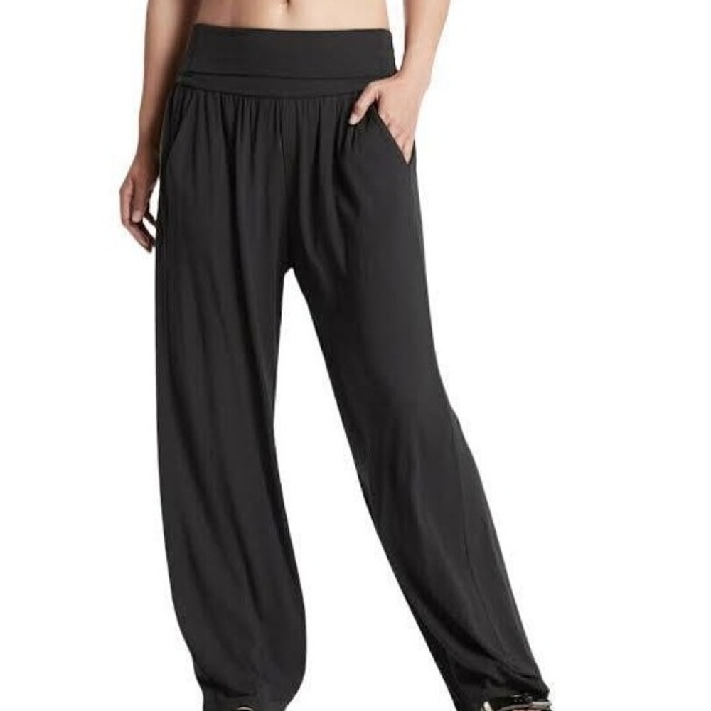 Athleta Studio Wide Leg Pant Womens L TALL Black Fold-over Waist Yoga Pilates